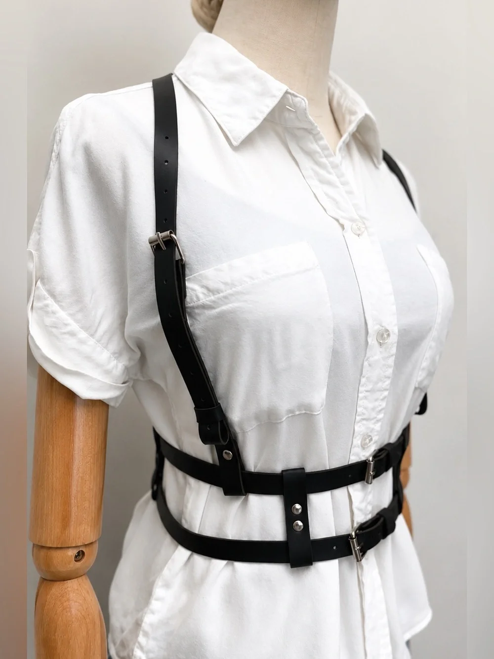Black FauxLeather Harness Belt Body Chain Y2K Punk Adjustable Strappy Waist Belt